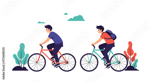 Two friends enjoy a scenic bike ride through nature.