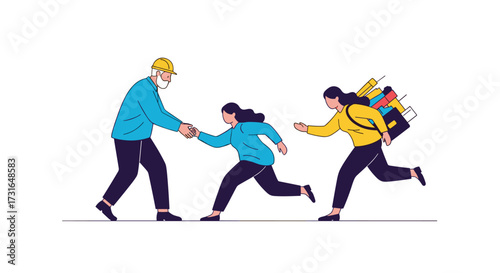 A delivery person hands a package to a person running with another package.