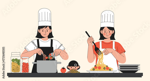 Two chefs are preparing a delicious spaghetti dish for a young child.