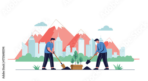 Two people planting trees in a city park with mountains in the background.