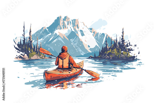 Man in Life Vest Kayaking in Mountain Landscape adult isolated