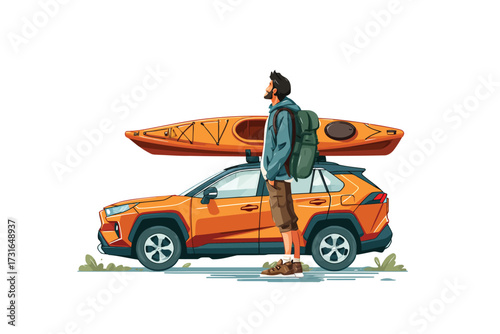 Man Loading Kayak onto Roof of SUV man isolated