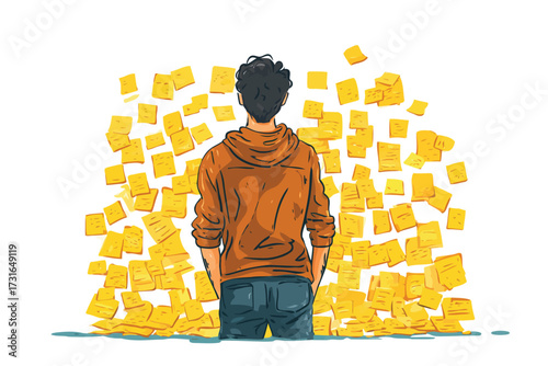 Person Surrounded by Secret Government Notes on Wall work isolated