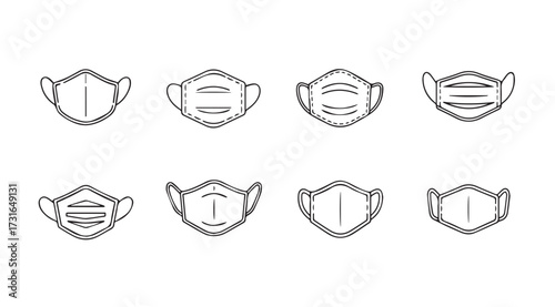 Collection of eight different surgical face mask outlines in a simple line art silhouette
