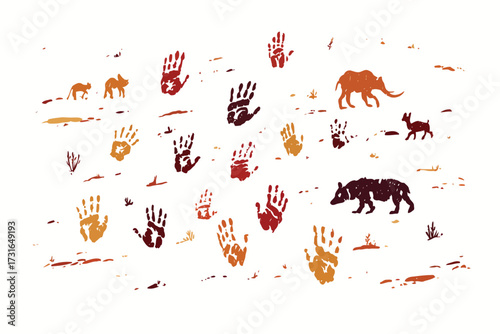 Primitive Handprints and Animal Figures on Cave Wall red ochre isolated