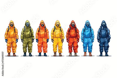 set of Hazmat worker in different colors suits radioactive isolated