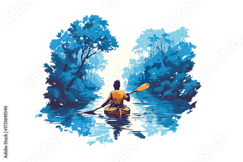 Solo Kayaker Gliding Through Forested River horizon isolated