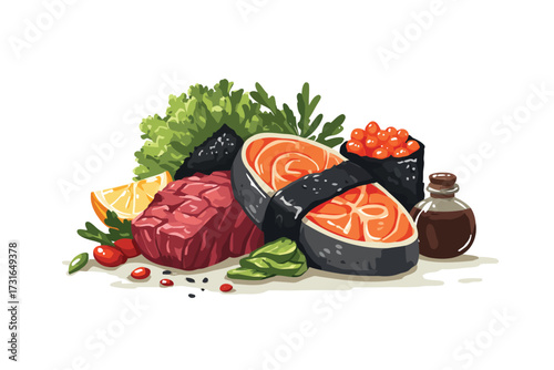 Sushi Ingredients with Nori Sheets in Background ingredient isolated