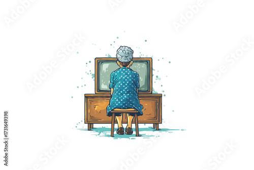 Tin Foil Hat Granny Watching TV with Static on Screen 684db188-0d37-44df-825c-d32d9fc9623f isolated isolated