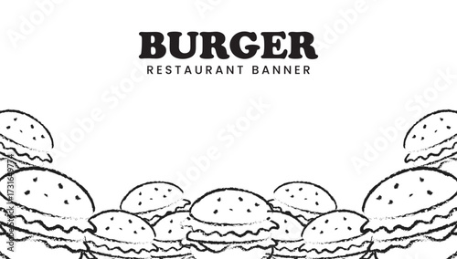 Hamburger sketch banner template for restaurant promotion. Hand drawn burger outline background for cafes menu. Burger fast food sketch doodle banner for food marketing