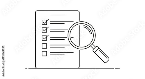 "Checklist with magnifying glass icon, business and evaluation concept vector illustration."
