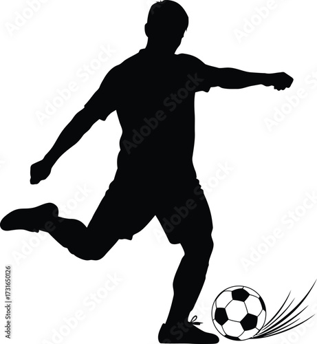 Silhouette of a soccer player kicking a ball isolated on white background the player is in motion, with one leg extended and the other planted firmly on the ground