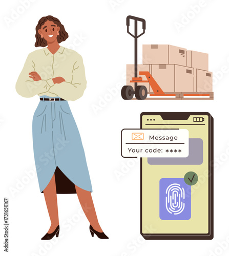 Confident woman standing with crossed arms, pallet jack moving boxes, phone displaying biometric scan and two-step code. Ideal for business, logistics, security, authentication, teamwork, apps