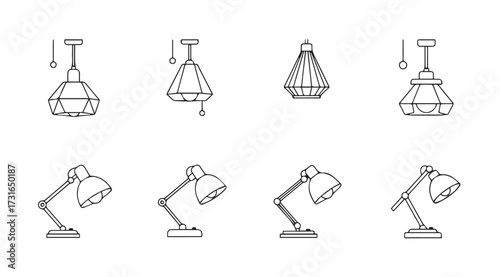 Collection of eight different lighting fixtures and desk lamps in a simple line drawing silhouette style