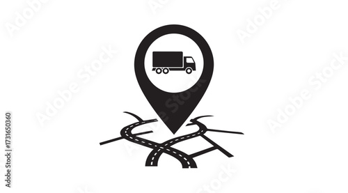 Black silhouette of a truck inside a location pin icon above a stylized road network silhouette