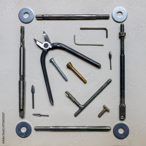 Flat lay metal tools and accessories