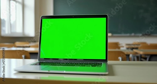 Laptop with green screen on a desk in a classroom setting for education