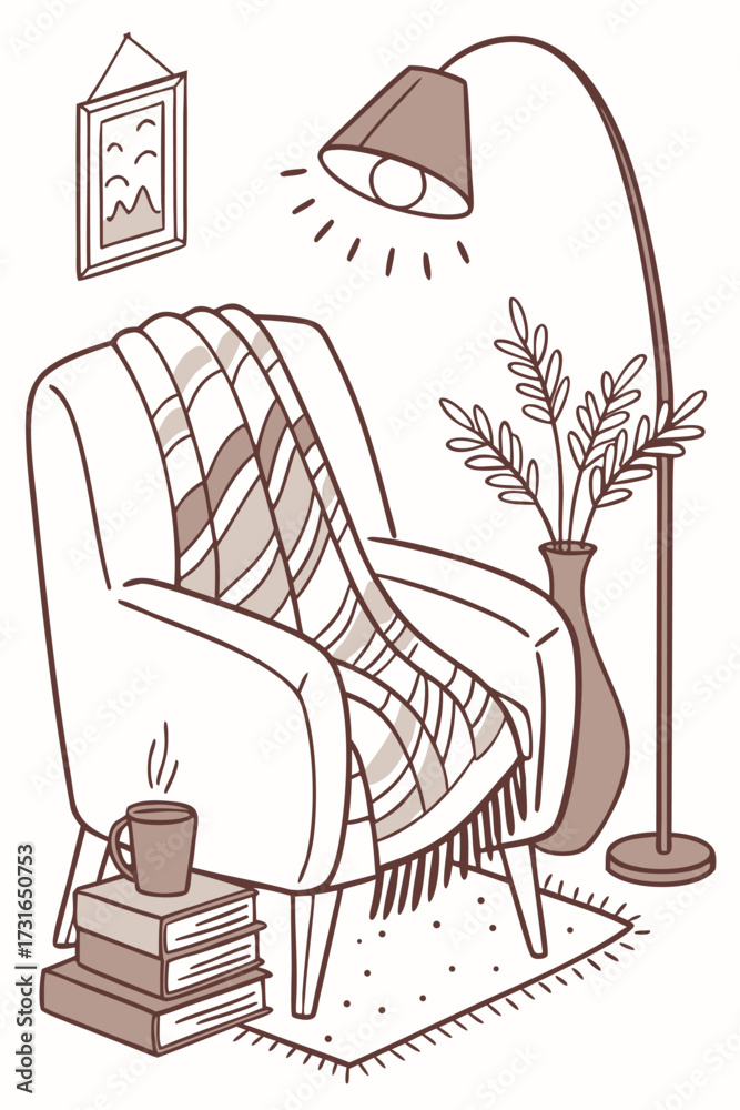 Obraz premium Cozy armchair with a warm blanket and a steaming mug of coffee by the floor lamp