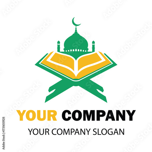 Elegant Islamic Logo Design Featuring Mosque Dome, Open Book, and Crescent Moon Symbol