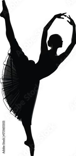 Silhouette of a ballerina in a tutu performing a ballet dance with leg raised isolated on white background