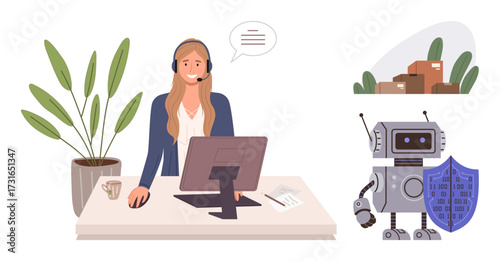 Woman at computer with headset in office, AI robot holding data shield, cardboard boxes nearby, potted plant. Ideal for technology, logistics, e-commerce, teamwork, security communication AI