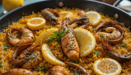 Delicious seafood paella with shrimp, lemon, and herbs in a traditional pan