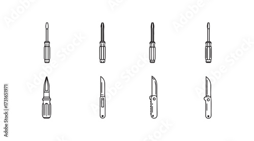 Collection of eight different screwdrivers in a simple line art silhouette style