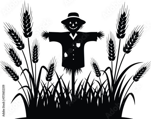 Smiling scarecrow standing in a wheat field among tall grain stalks and grass, agricultural harvest season silhouette vector illustration.
