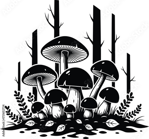 Detailed cluster of wild mushrooms growing on the forest floor with branches, grass, and foliage silhouette vector illustration.