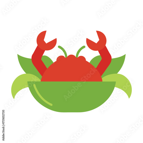 Simple flat color crab salad dish with red crab and green leaves serving delicious seafood