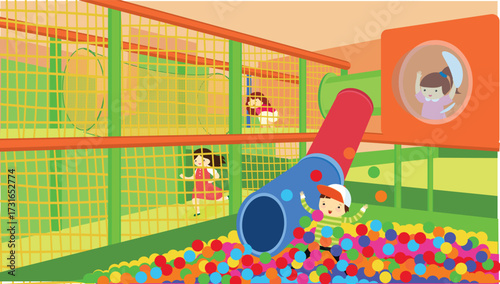 Children playing in the children's playground. Vector illustration in cartoon style.