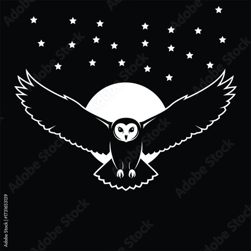 Flying owl in the night sky with moon and stars, nocturnal bird of prey silhouette with spread wings vector illustration.