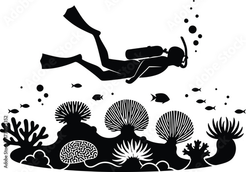 Underwater scuba diving silhouette with diver, coral reef, sea creatures, ocean inhabitants, marine life vector illustration.