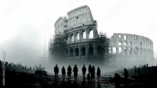 Crowd of people observing a colosseum like structure under construction in a surreal, foggy, historical, future setting footage.