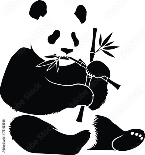 Black silhouette of a giant panda sitting and peacefully eating bamboo stalks, a vector illustration symbolizing wildlife, conservation, endangered species, and Asian nature.
