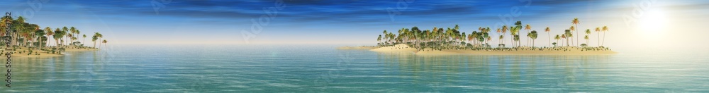 Fototapeta premium Beautiful beach with palm trees at sunset, panorama of a tropical landscape, sea sunset, 3d rendering