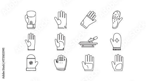 Collection of various glove types and hand protection in a simple line art silhouette style