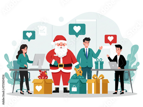 Office Charity Toy Drive with Santa and Coworkers, Flat Vector