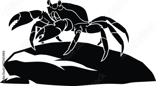 Black silhouette of a crab with large claws standing on a rock, a vector illustration symbolizing marine life, seafood, ocean ecology, and coastal wildlife in a bold graphic style.