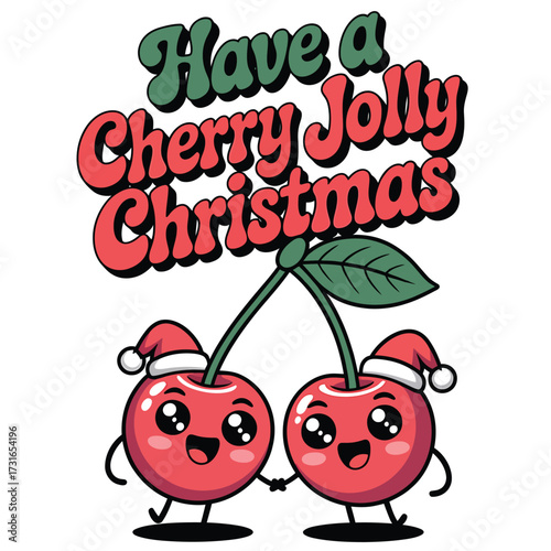 Cute cartoon cherries wearing santa hats and christmas outfits wishing a jolly christmas