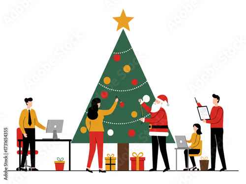 Diverse Coworkers Decorating Office Tree with Santa, Flat Vector White