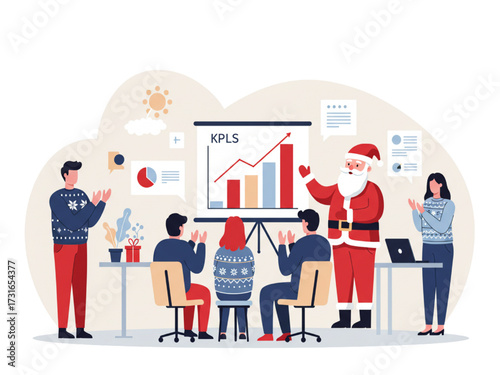 Year-End All-Hands with Santa Presenting KPIs, Flat Vector White