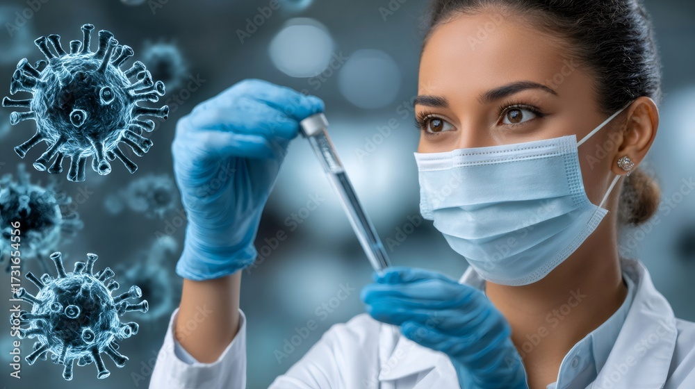 Naklejka premium Scientist examining virus vaccine sample for global pandemic research