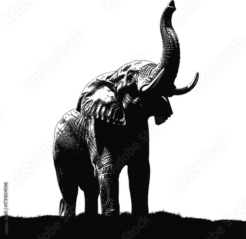 Magnificent elephant raises its trunk in a display of dominance and intelligence isolated on white background a symbol of the african savanna and its majestic creatures