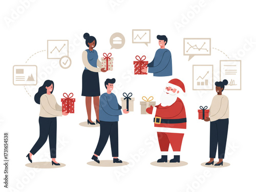 Secret Santa Gift Exchange with Diverse Coworkers, Flat Vector 