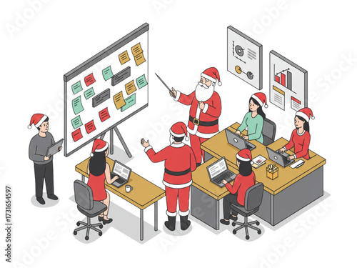 Santa Leads Agile Standup with Diverse Coworkers at Kanban Board