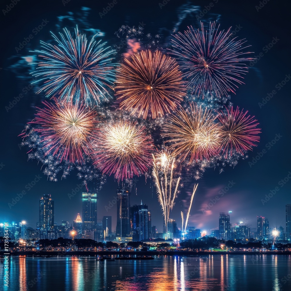 Fototapeta premium Fireworks Display Over City Skyline Reflecting in Water at Night