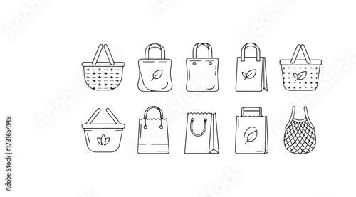 Collection of eco friendly shopping bags and bottles in a simple line art silhouette style