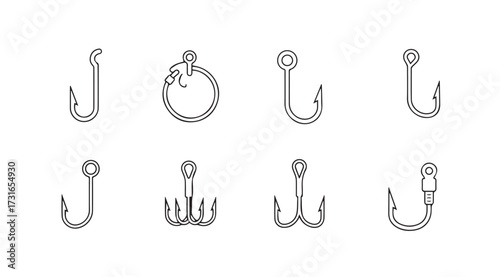 Collection of fishing hooks and lures in a silhouette style