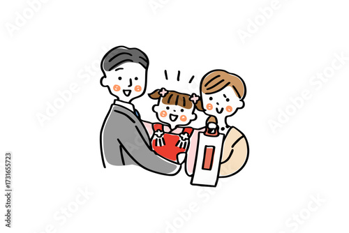 七五三の記念撮影をする親子の上半身イラスト